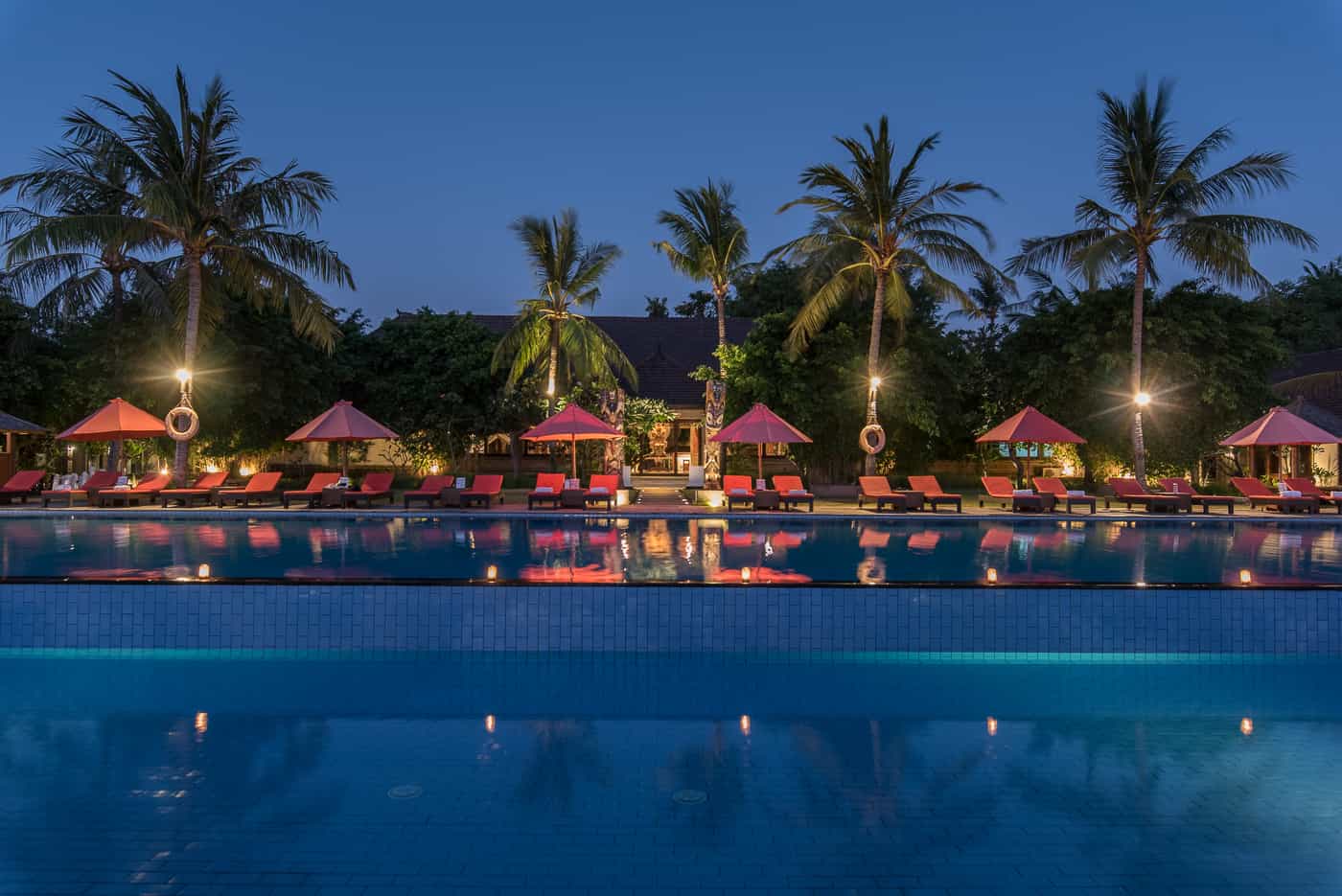 Evening pool view at Hotel Ombak Sunset in Gili Trawangan Island of Lombok Indonesia